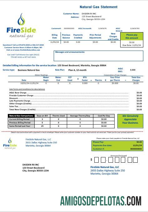 realista Modelo de conta de serviços públicos de gás natural FireSide dos EUA, Califórnia, em formatos Word e PDF